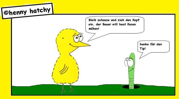 henny hatchy Rasen mhen Henny hatchy Sniggel Wyrm Plumbee jimjams Kken Spinne Schnecke Hummel Regenwurm Wurm Comic Cartoon Bauer Rasen mhen Trker Traktor Rasenmher gefhrlich Warnung warnen Kopf bedanken danke