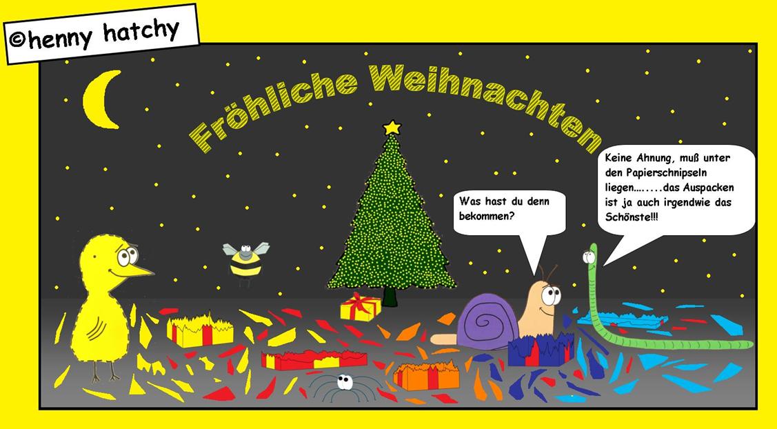 henny hatchy Henny hatchy Sniggel Wyrm Plumbee jimjams Kken Spinne Schnecke Hummel Regenwurm Wurm Comic Cartoon Weihnachten Frhliche Geschenke auspacken reien aufreien berraschung Bescheren Bescherung Weihnachtsbaum Heiligabend Geschenkpapier schnipsel Papier